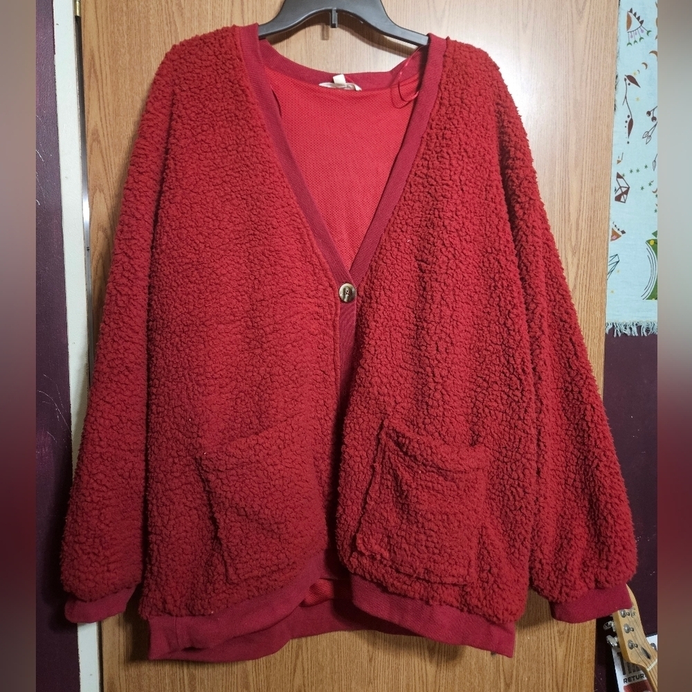 Entro Red Sherpa Fuzzy Mesh Lined Jacket Half Button Oversized Size XL Pockets!